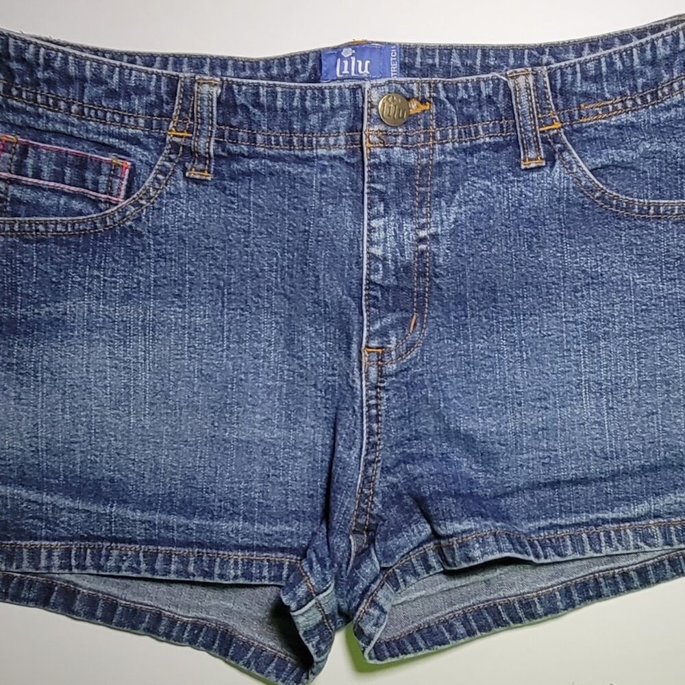 Lilu Womens Junior Blue Denim Cotton Shorts with Embroidered Pockets Size 13